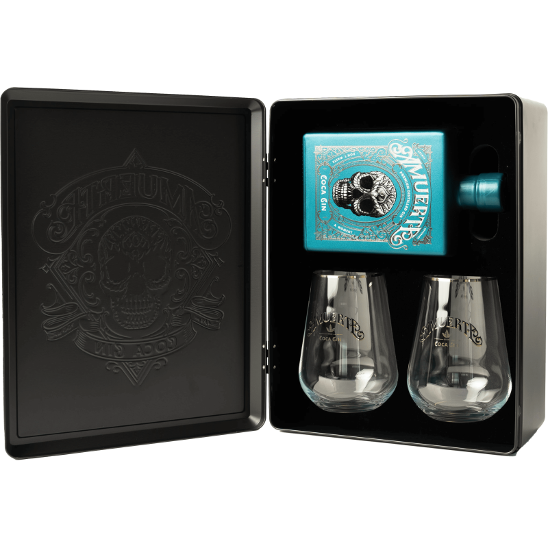 AMUERTE METAL BOX GREEN - Gin 70 cl + 2 bicchieri trasparenti
