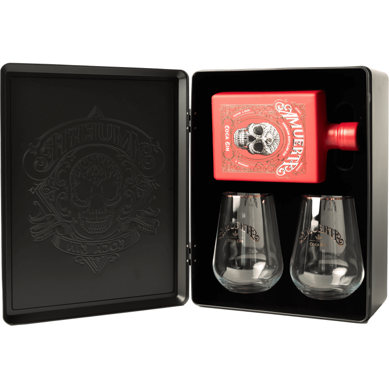 AMUERTE METAL BOX RED - Gin 70 cl + 2 bicchieri trasparenti