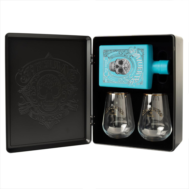 AMUERTE METAL BOX BLUE LIGHT - Gin 70 cl + 2 bicchieri trasparenti